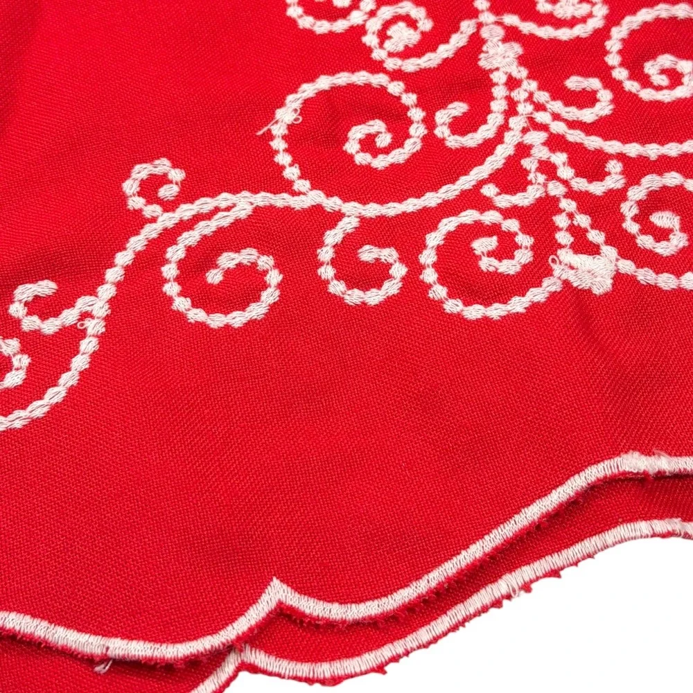 70x13 Red Table Runner White Scalloped Embroidered Scrollwork Holiday Folk Art